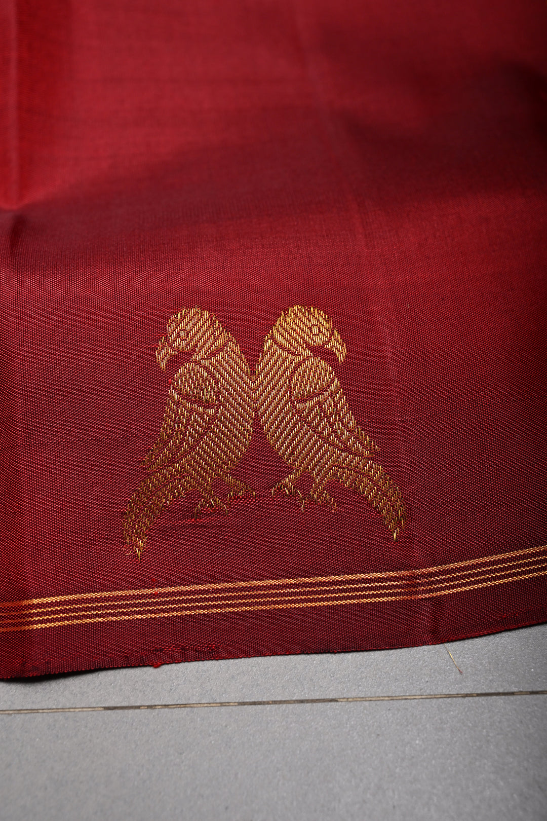 Maroon Kanjivaram Pure Silk Saree with Zari Buttis and Distinct Twin Parrot Motifs on Border | SILK MARK CERTIFIED