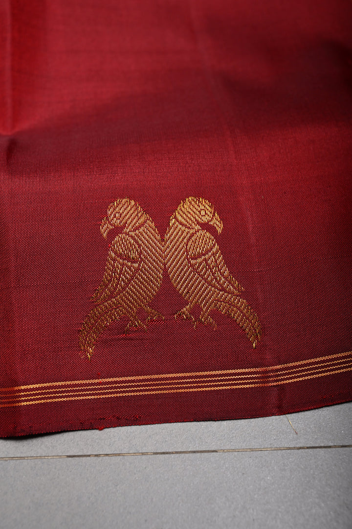 Maroon Kanjivaram Pure Silk Saree with Zari Buttis and Distinct Twin Parrot Motifs on Border | SILK MARK CERTIFIED