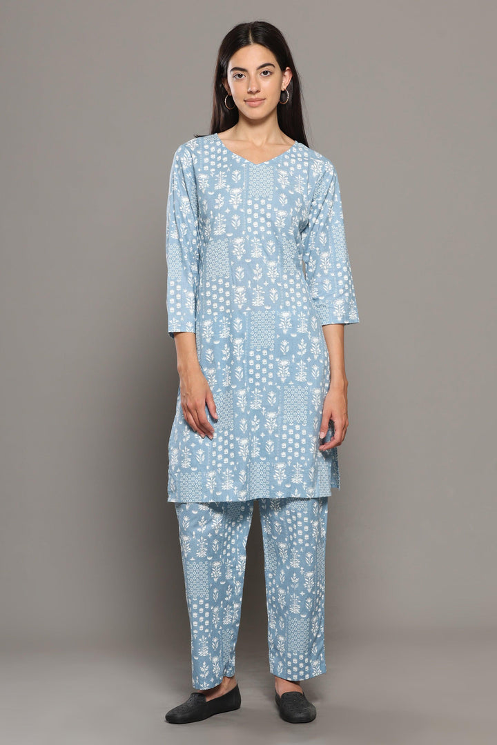 Baghiya Blue Cotton Printed Loungewear Co-ord Set | SHOBITAM