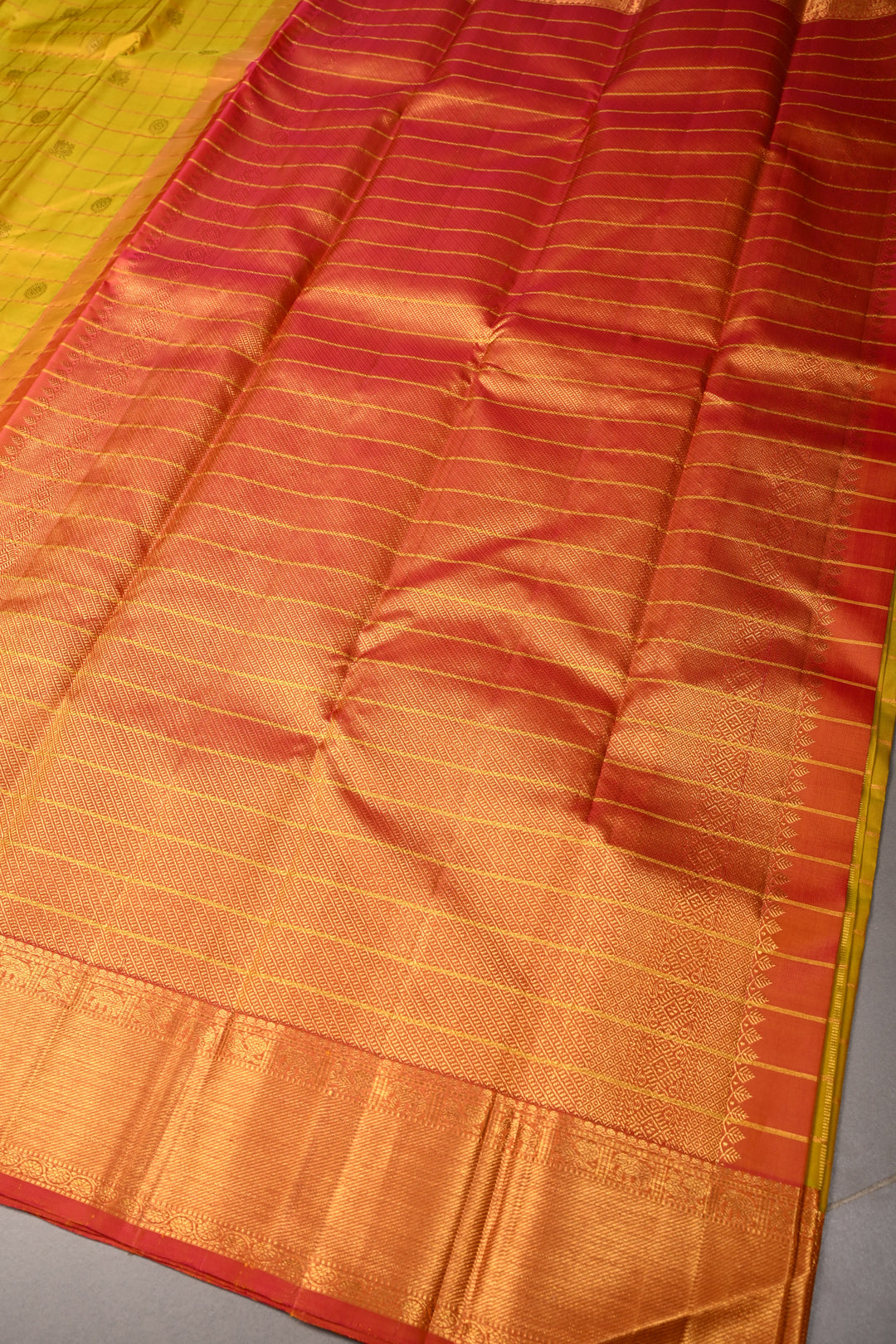 Mustard Yellow Zari Checks on Pure Kanjivaram Silk Saree with Zari Buttas and Contrast Zari Border | SILK MARK CERTIFIED | SHOBITAM
