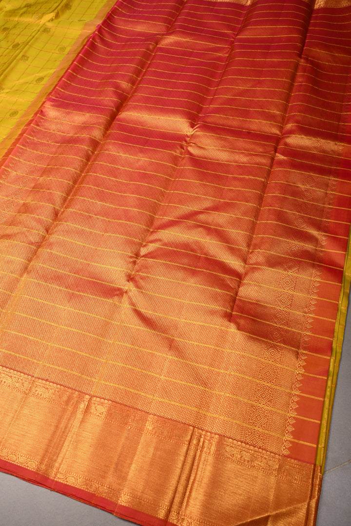 Mustard Yellow Zari Checks on Pure Kanjivaram Silk Saree with Zari Buttas and Contrast Zari Border | SILK MARK CERTIFIED | SHOBITAM