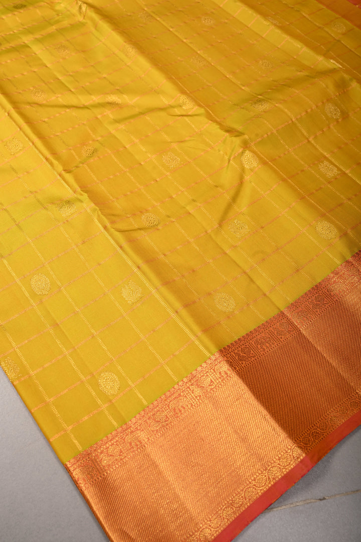 Mustard Yellow Zari Checks on Pure Kanjivaram Silk Saree with Zari Buttas and Contrast Zari Border | SILK MARK CERTIFIED | SHOBITAM