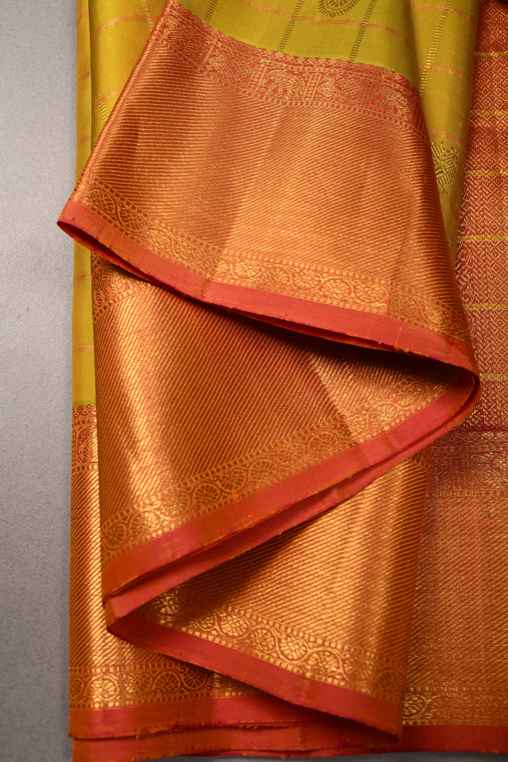 Mustard Yellow Zari Checks on Pure Kanjivaram Silk Saree with Zari Buttas and Contrast Zari Border | SILK MARK CERTIFIED | SHOBITAM
