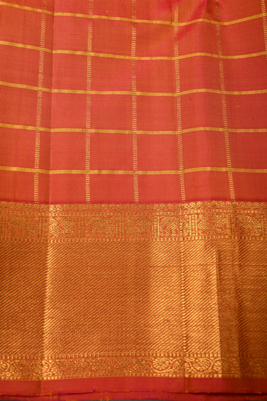 Mustard Yellow Zari Checks on Pure Kanjivaram Silk Saree with Zari Buttas and Contrast Zari Border | SILK MARK CERTIFIED | SHOBITAM