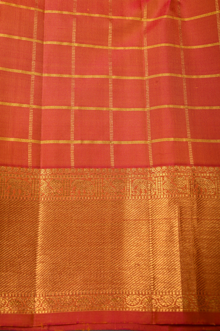 Mustard Yellow Zari Checks on Pure Kanjivaram Silk Saree with Zari Buttas and Contrast Zari Border | SILK MARK CERTIFIED | SHOBITAM