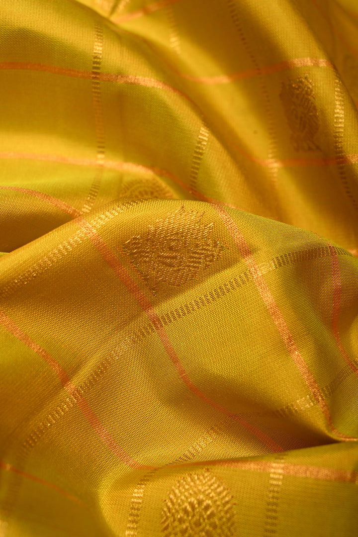 Mustard Yellow Zari Checks on Pure Kanjivaram Silk Saree with Zari Buttas and Contrast Zari Border | SILK MARK CERTIFIED | SHOBITAM