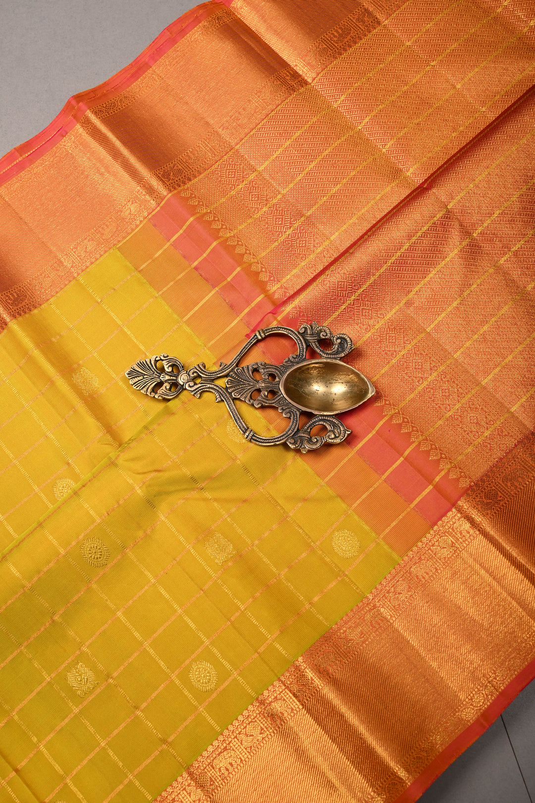 Mustard Yellow Zari Checks on Pure Kanjivaram Silk Saree with Zari Buttas and Contrast Zari Border | SILK MARK CERTIFIED | SHOBITAM