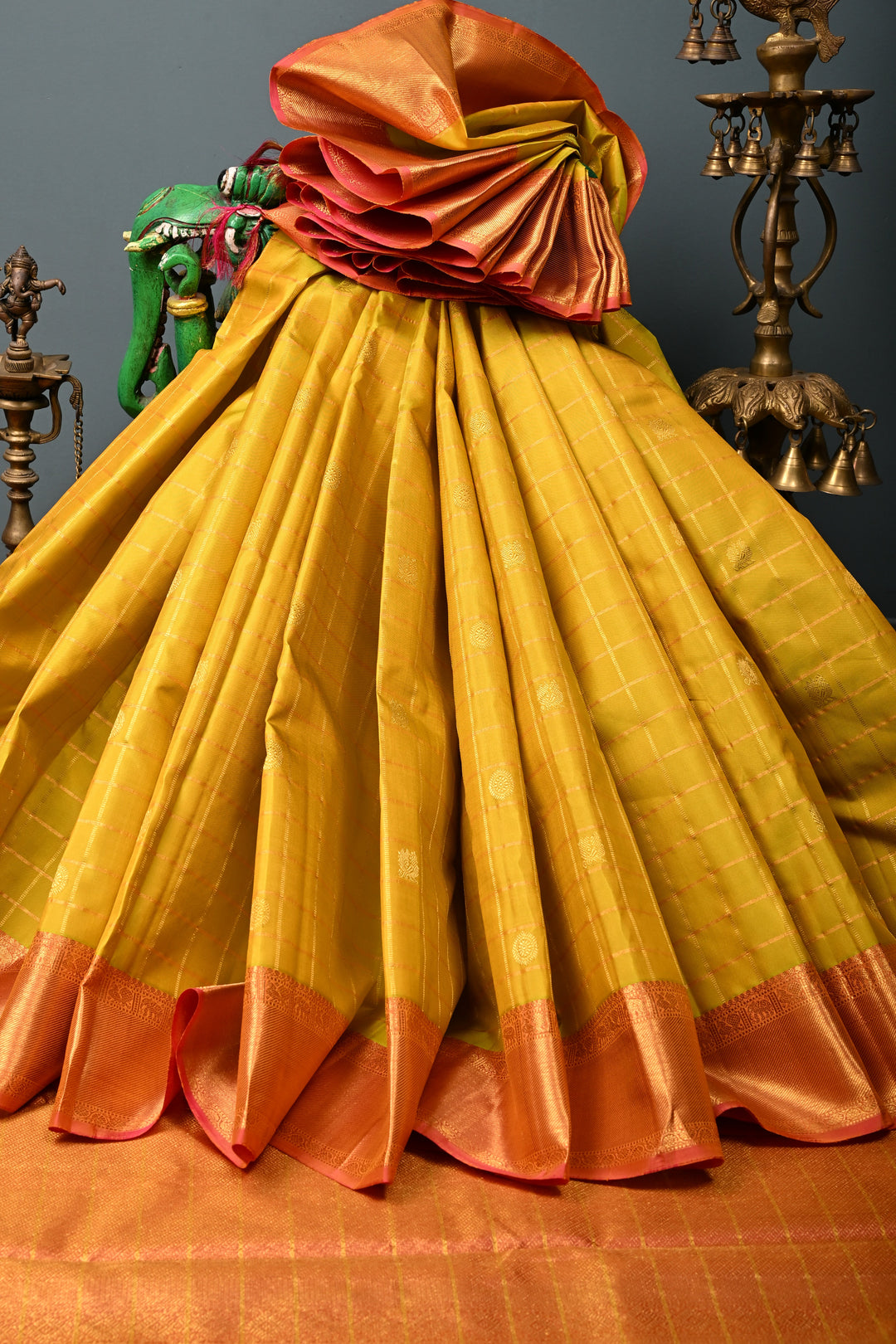 Mustard Yellow Zari Checks on Pure Kanjivaram Silk Saree with Zari Buttas and Contrast Zari Border | SILK MARK CERTIFIED | SHOBITAM