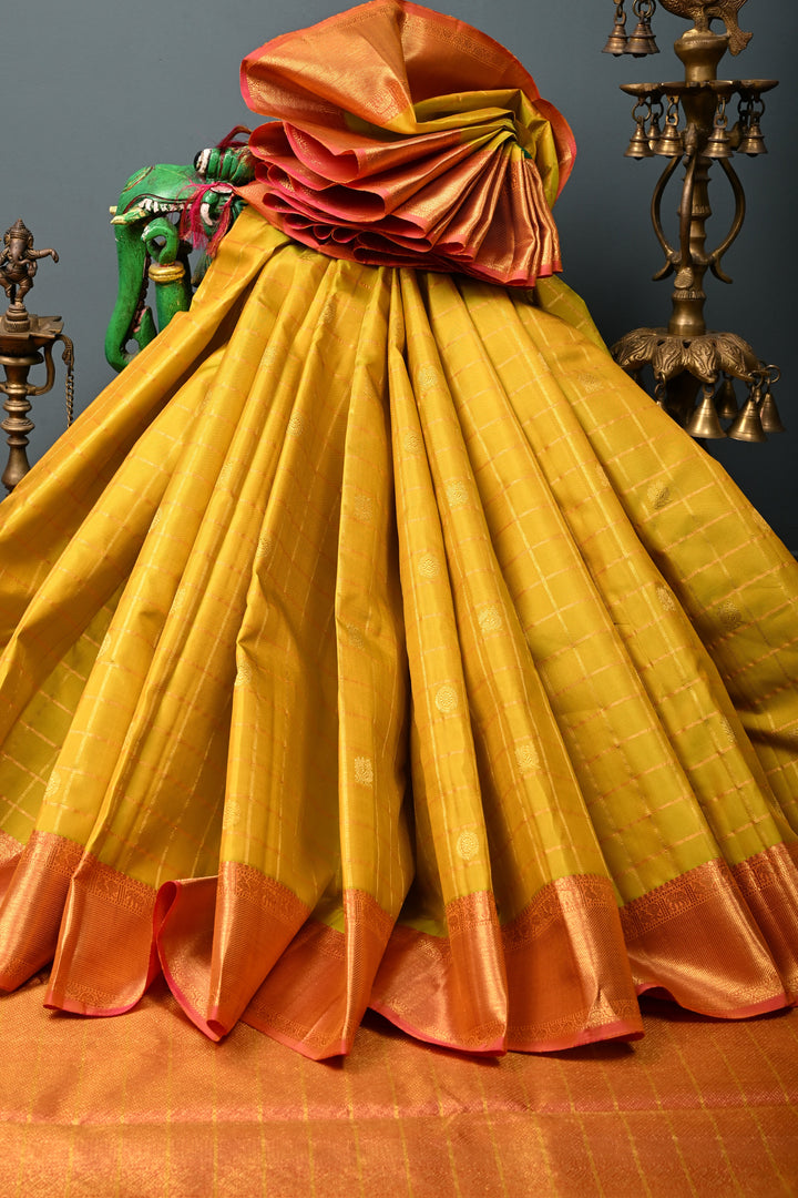 Mustard Yellow Zari Checks on Pure Kanjivaram Silk Saree with Zari Buttas and Contrast Zari Border | SILK MARK CERTIFIED | SHOBITAM