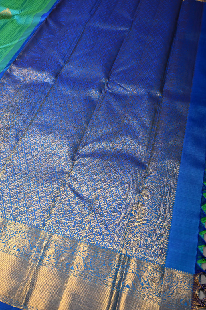 Blue-Green Dual Tone Self Brocade on Kanjivaram Pure Silk Saree with Damask Zari Buttas and Zari Border | SILK MARK CERTIFIED | SHOBITAM