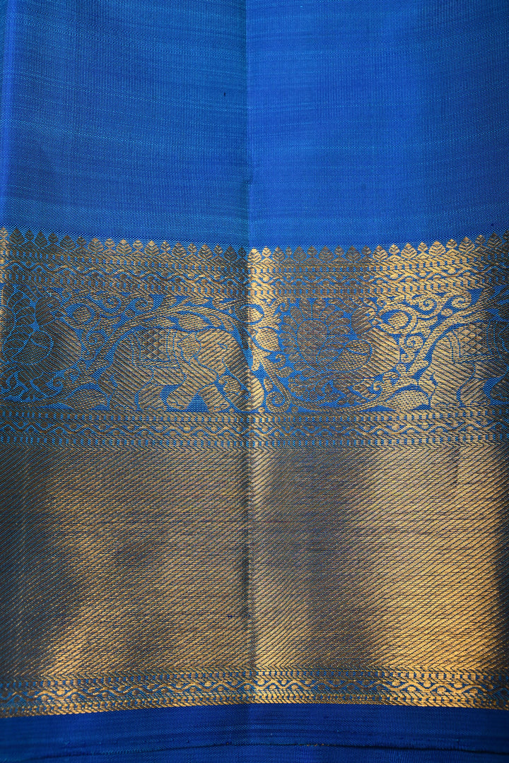 Blue-Green Dual Tone Self Brocade on Kanjivaram Pure Silk Saree with Damask Zari Buttas and Zari Border | SILK MARK CERTIFIED | SHOBITAM