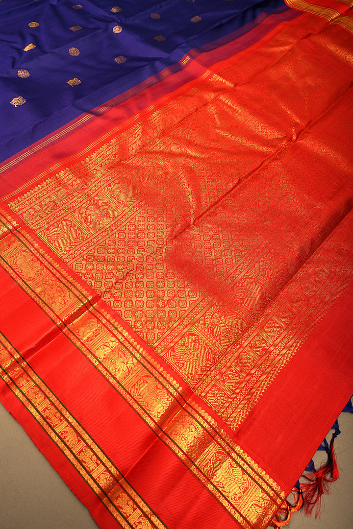 Purplish Blue Korvai Kanjivaram Pure Silk Saree with Zari Buttas and Contrast Zari Border | SILK MARK CERTIFIED | SHOBITAM