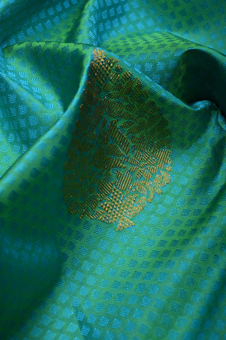 Blue-Green Dual Tone Self Brocade on Kanjivaram Pure Silk Saree with Damask Zari Buttas and Zari Border | SILK MARK CERTIFIED | SHOBITAM