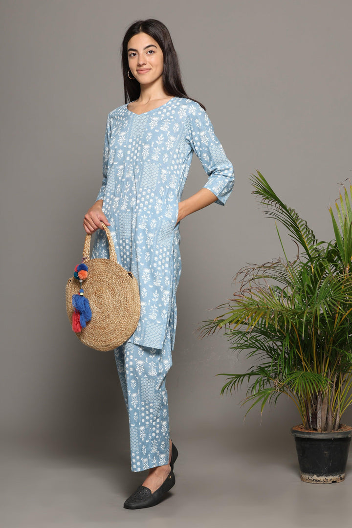 Baghiya Blue Cotton Printed Loungewear Co-ord Set | SHOBITAM