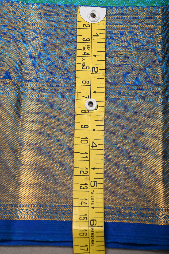 Blue-Green Dual Tone Self Brocade on Kanjivaram Pure Silk Saree with Damask Zari Buttas and Zari Border | SILK MARK CERTIFIED | SHOBITAM
