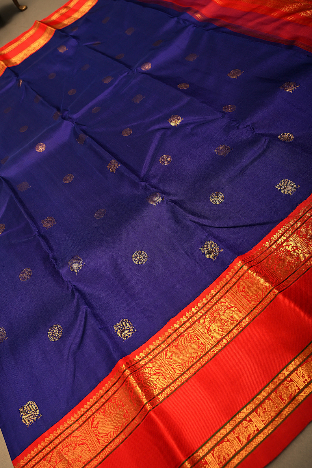 Purplish Blue Korvai Kanjivaram Pure Silk Saree with Zari Buttas and Contrast Zari Border | SILK MARK CERTIFIED | SHOBITAM