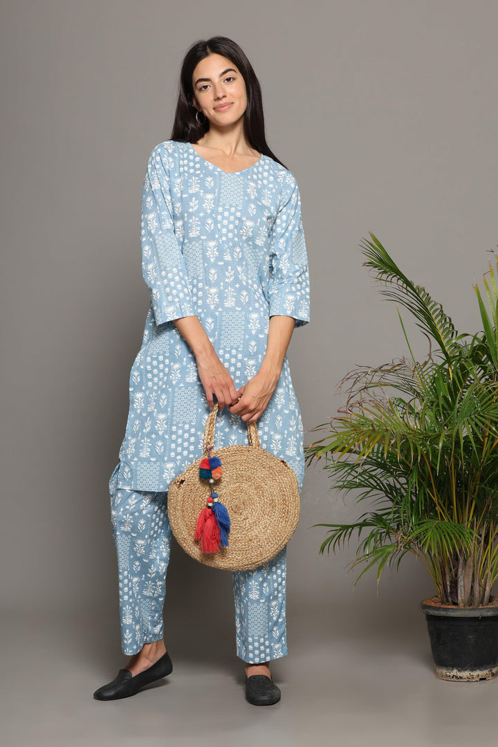 Baghiya Blue Cotton Printed Loungewear Co-ord Set | SHOBITAM
