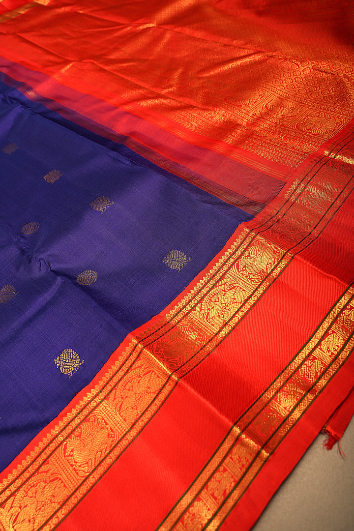Purplish Blue Korvai Kanjivaram Pure Silk Saree with Zari Buttas and Contrast Zari Border | SILK MARK CERTIFIED | SHOBITAM