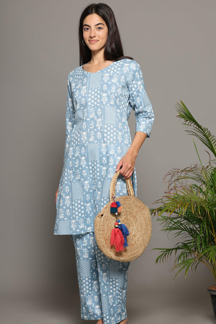 Baghiya Blue Cotton Printed Loungewear Co-ord Set | SHOBITAM