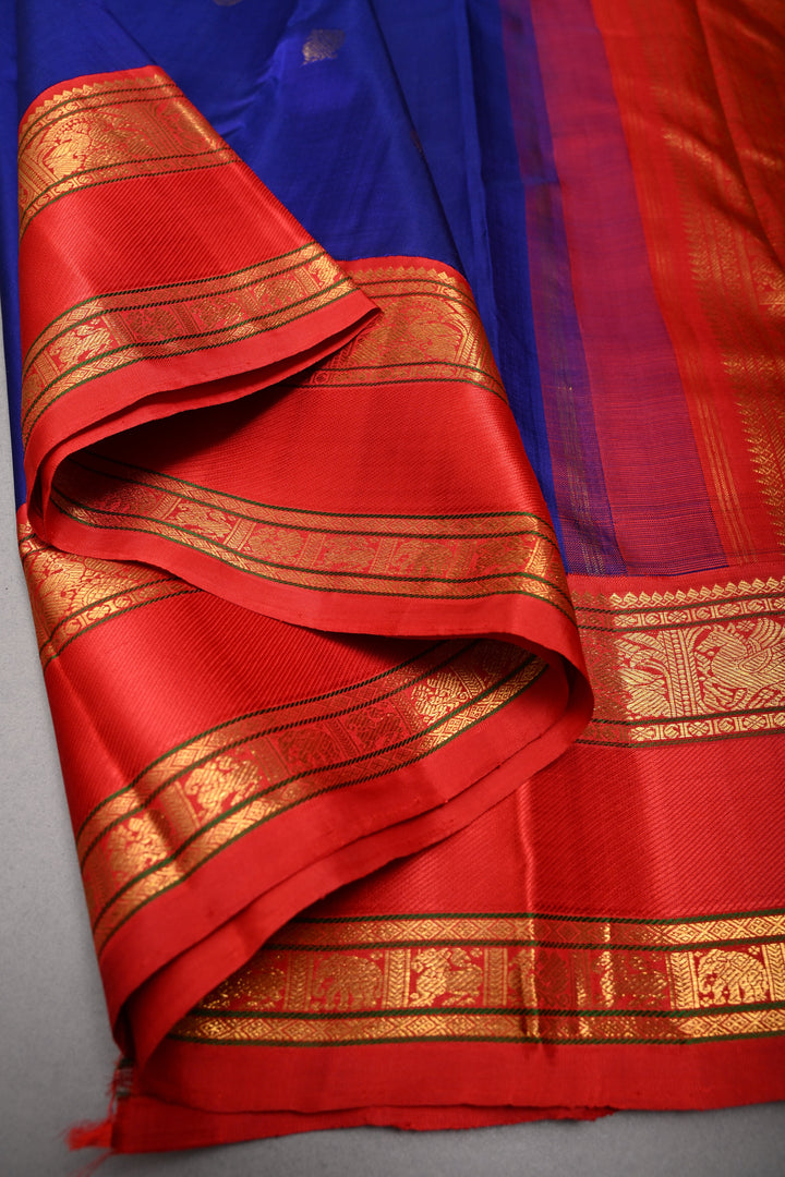 Purplish Blue Korvai Kanjivaram Pure Silk Saree with Zari Buttas and Contrast Zari Border | SILK MARK CERTIFIED | SHOBITAM