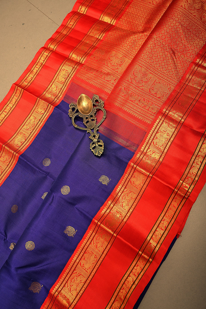 Purplish Blue Korvai Kanjivaram Pure Silk Saree with Zari Buttas and Contrast Zari Border | SILK MARK CERTIFIED | SHOBITAM