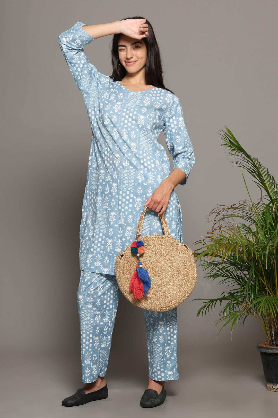Baghiya Blue Cotton Printed Loungewear Co-ord Set | SHOBITAM