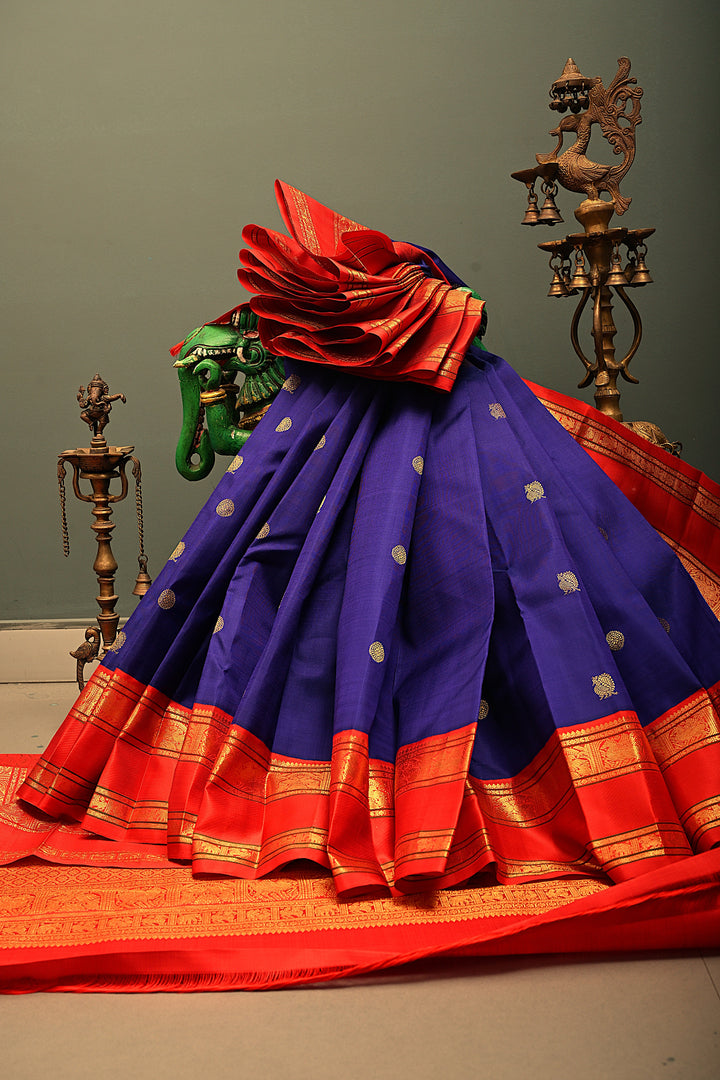 Purplish Blue Korvai Kanjivaram Pure Silk Saree with Zari Buttas and Contrast Zari Border | SILK MARK CERTIFIED | SHOBITAM