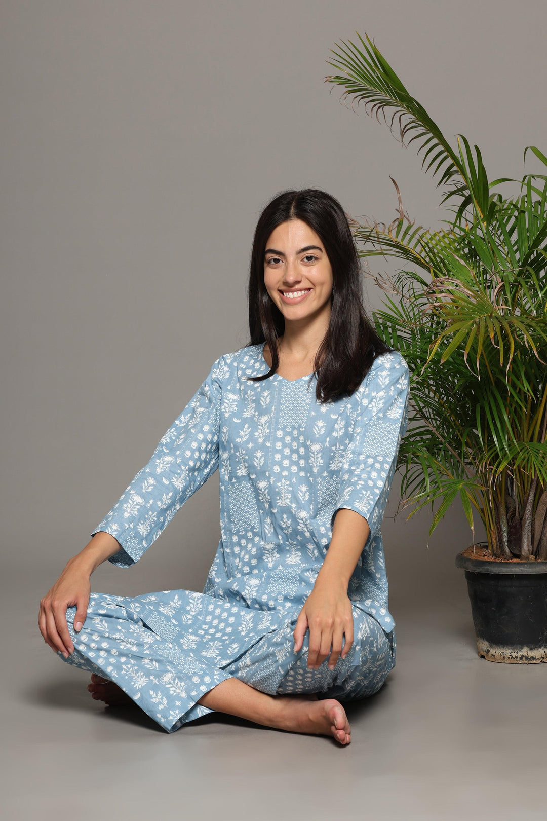 Baghiya Blue Cotton Printed Loungewear Co-ord Set | SHOBITAM