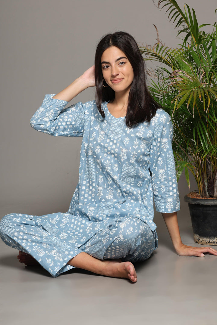 Baghiya Blue Cotton Printed Loungewear Co-ord Set | SHOBITAM