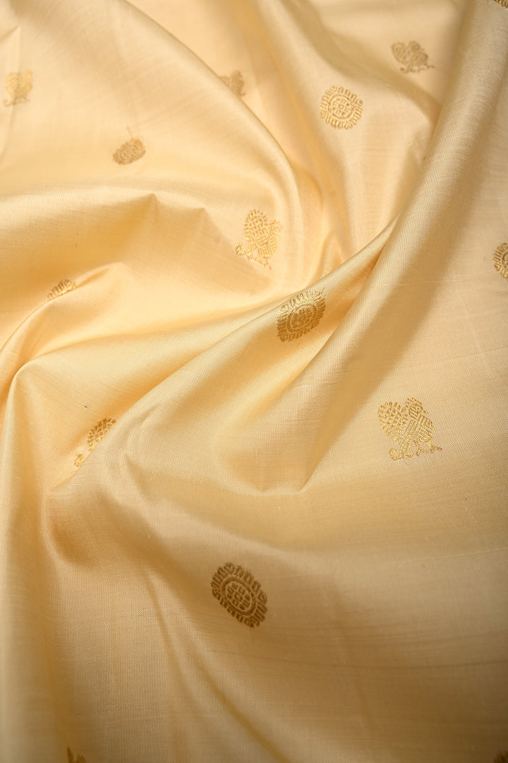 Cream Korvai Kanjivaram Pure Silk Saree with Zari Buttas and Contrast Zari Border | SILK MARK CERTIFIED | SHOBITAM