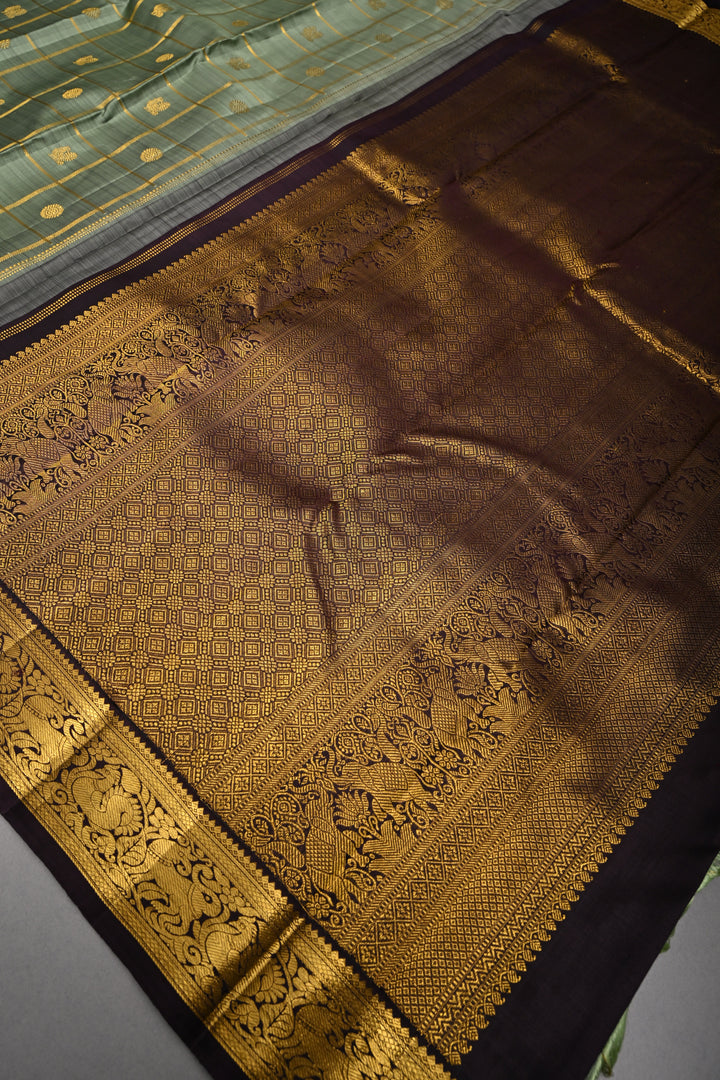 Sage Green Zari Checks on Kanjivaram Pure Silk Saree with Zari Buttas and Contrast Zari Border | SILK MARK CERTIFIED | SHOBITAM