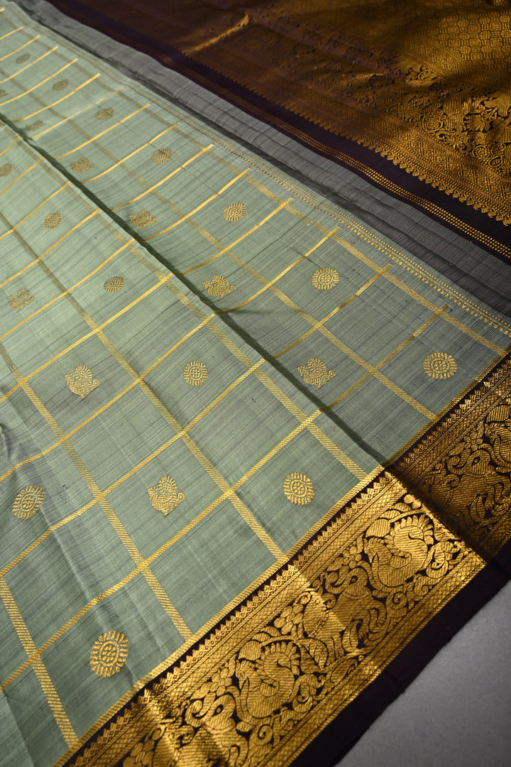 Sage Green Zari Checks on Kanjivaram Pure Silk Saree with Zari Buttas and Contrast Zari Border | SILK MARK CERTIFIED | SHOBITAM