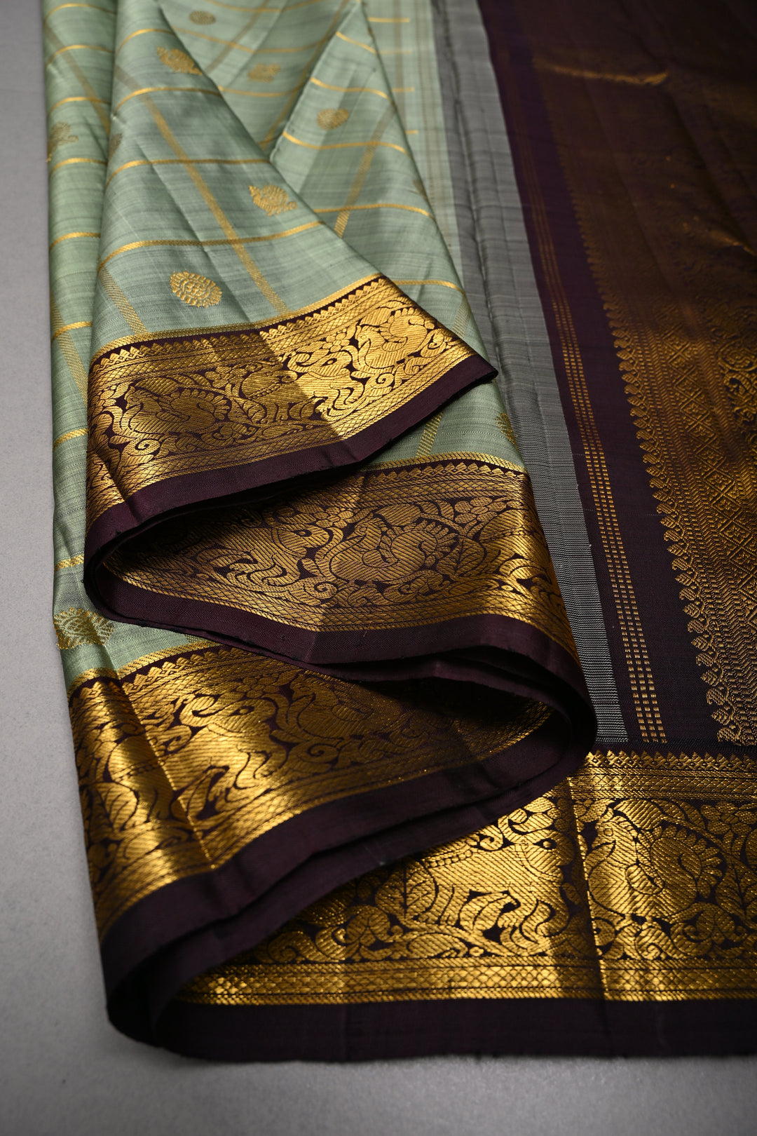 Sage Green Zari Checks on Kanjivaram Pure Silk Saree with Zari Buttas and Contrast Zari Border | SILK MARK CERTIFIED | SHOBITAM