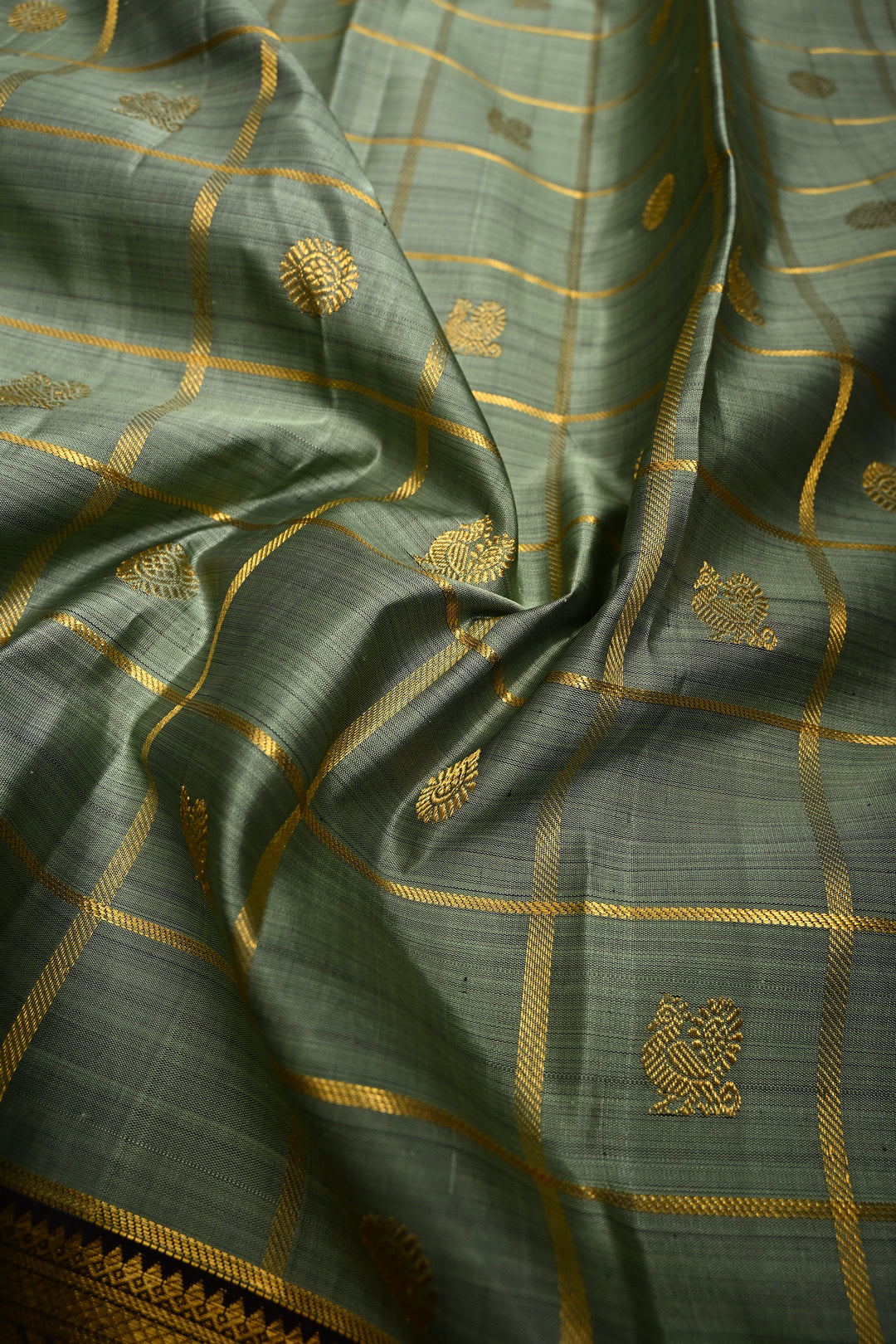 Sage Green Zari Checks on Kanjivaram Pure Silk Saree with Zari Buttas and Contrast Zari Border | SILK MARK CERTIFIED | SHOBITAM