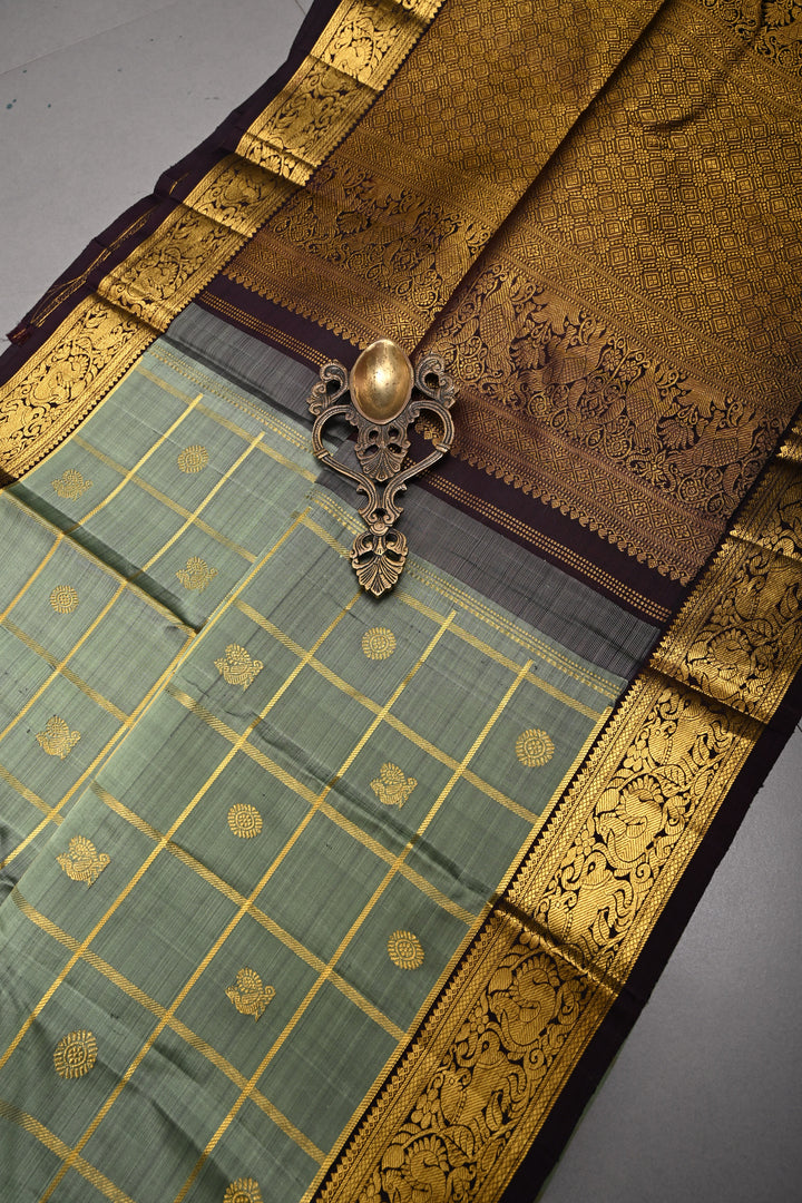 Sage Green Zari Checks on Kanjivaram Pure Silk Saree with Zari Buttas and Contrast Zari Border | SILK MARK CERTIFIED | SHOBITAM