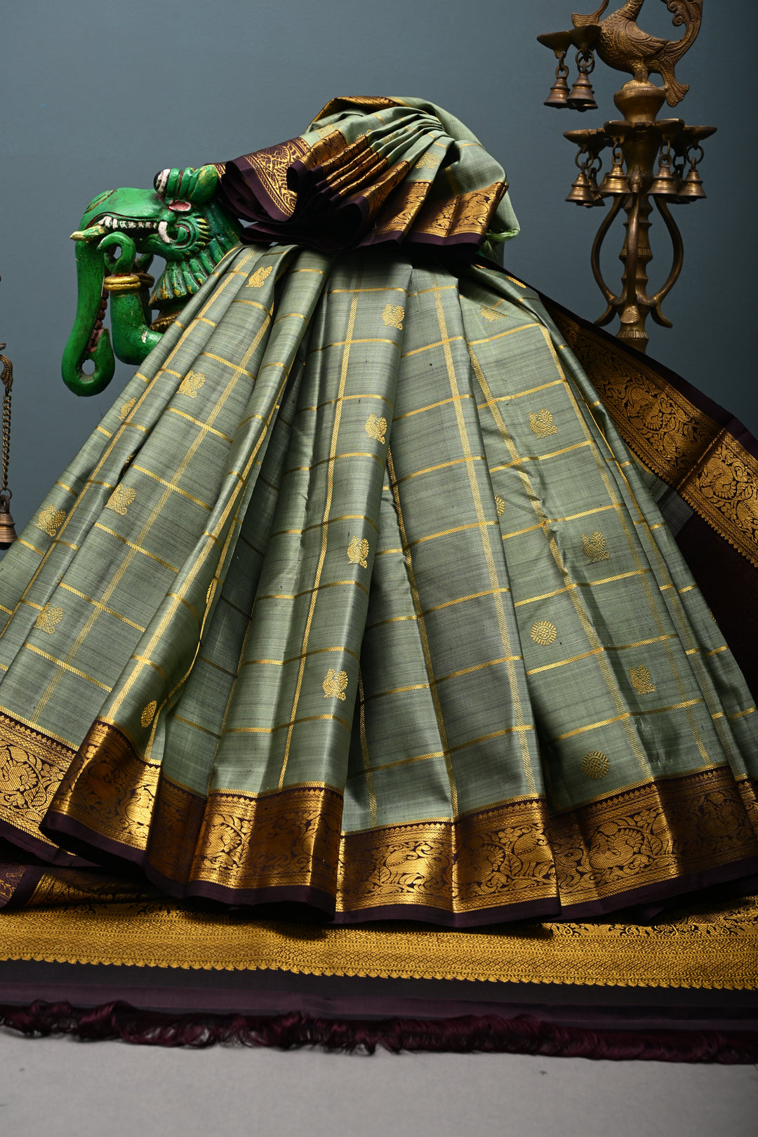 Sage Green Zari Checks on Kanjivaram Pure Silk Saree with Zari Buttas and Contrast Zari Border | SILK MARK CERTIFIED | SHOBITAM