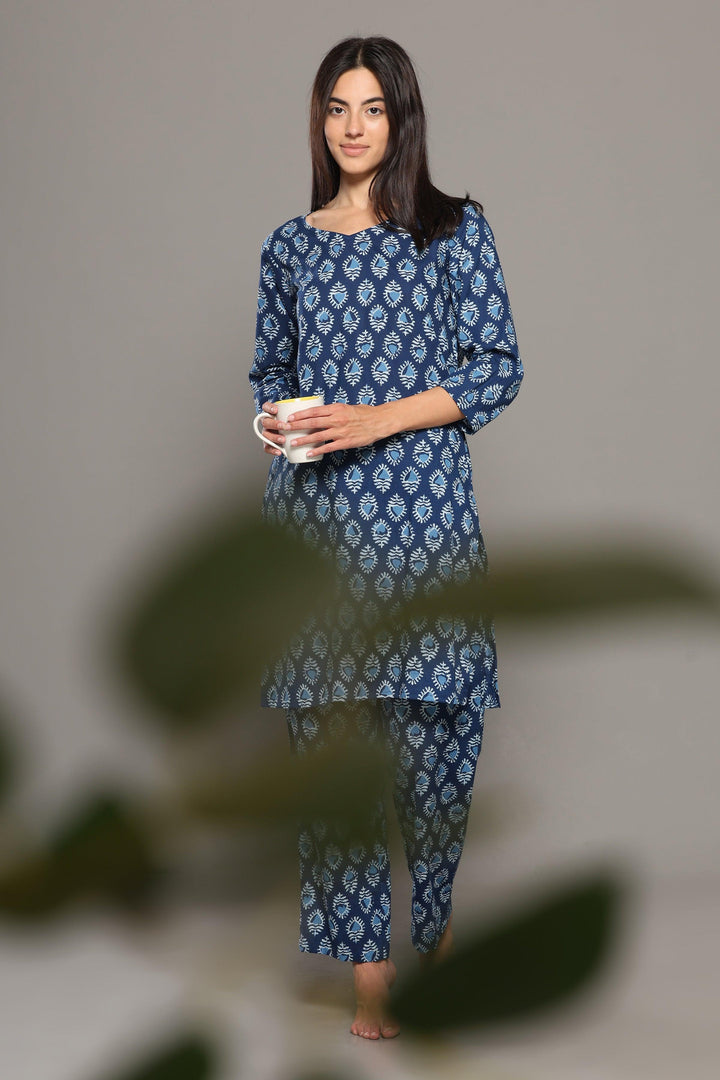 Saundarya Blue Cotton Printed Loungewear Co-ord Set | SHOBITAM