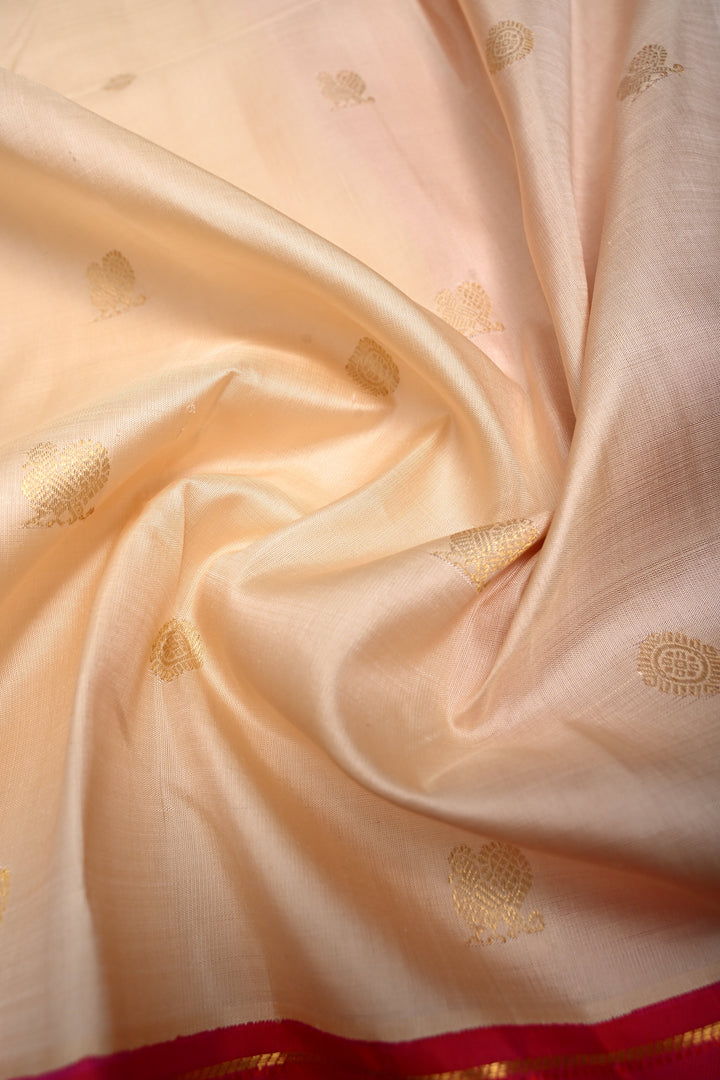 Cream Korvai Kanjivaram Pure Silk Saree with Zari Buttas and Contrast Zari Border | SILK MARK CERTIFIED | SHOBITAM