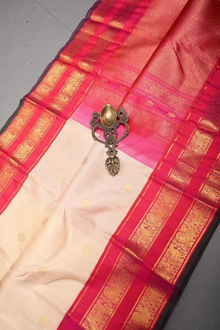 Cream Korvai Kanjivaram Pure Silk Saree with Zari Buttas and Contrast Zari Border | SILK MARK CERTIFIED | SHOBITAM