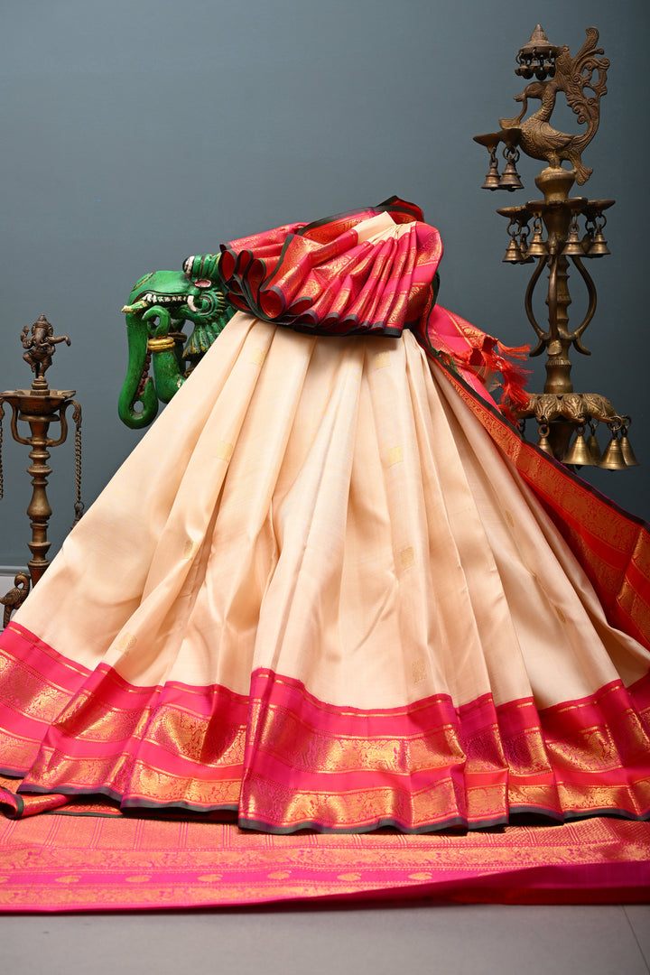 Cream Korvai Kanjivaram Pure Silk Saree with Zari Buttas and Contrast Zari Border | SILK MARK CERTIFIED | SHOBITAM