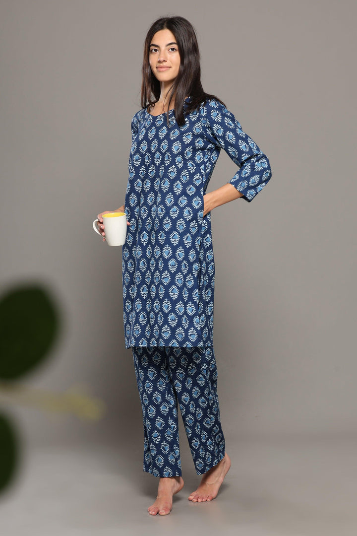 Saundarya Blue Cotton Printed Loungewear Co-ord Set | SHOBITAM
