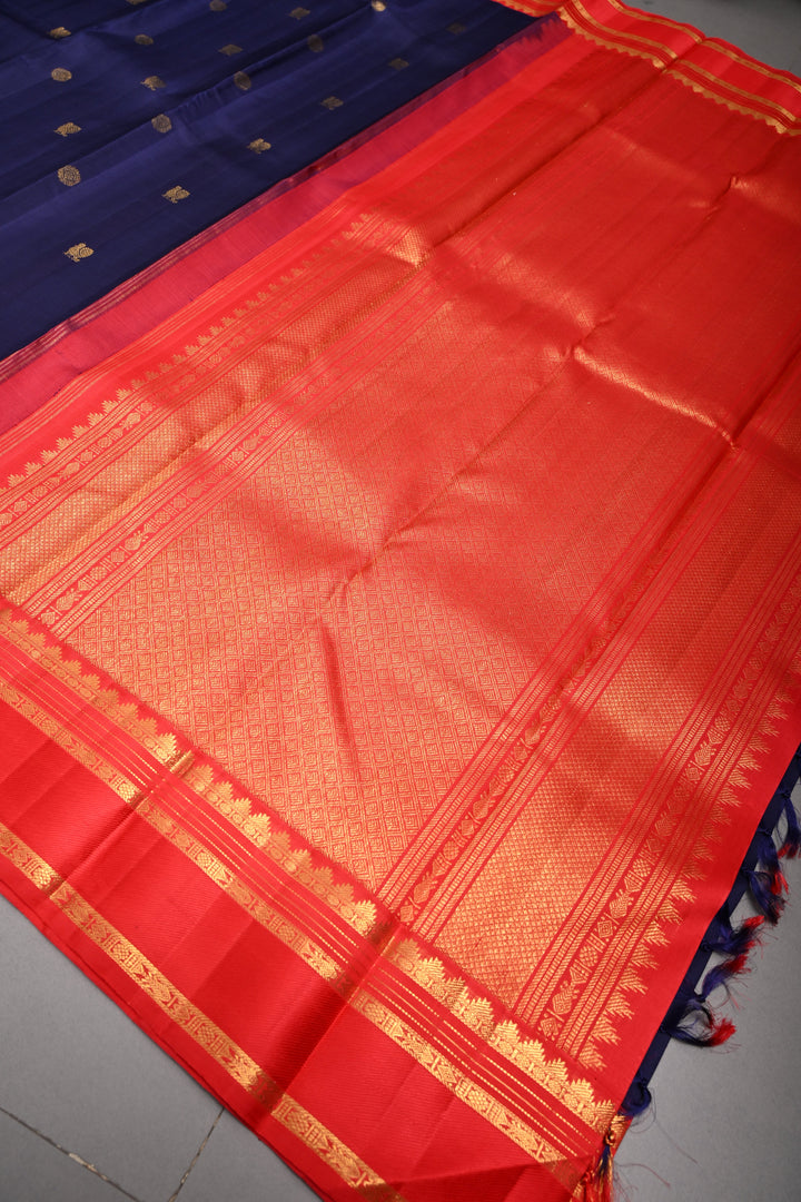Ink Blue Korvai Kanjivaram Pure Silk Saree with Zari Buttas and Contrast Zari Border | SILK MARK CERTIFIED