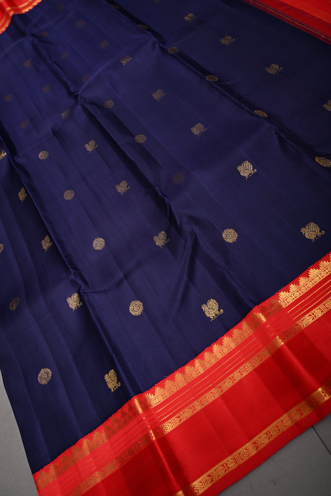 Ink Blue Korvai Kanjivaram Pure Silk Saree with Zari Buttas and Contrast Zari Border | SILK MARK CERTIFIED