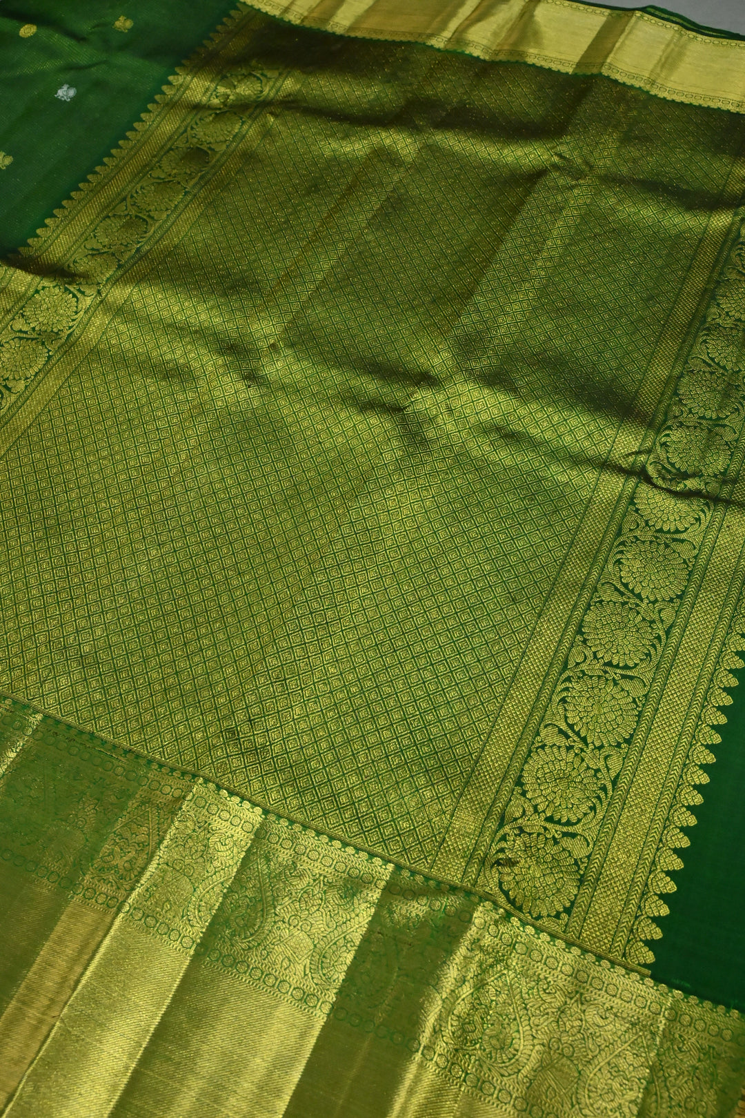 Deep Green Vairaoosi Zari Stripes on Pure Kanjivaram Silk Saree with Gold-Silver Zari Buttas and wide Zari Border | SILK MARK CERTIFIED | SHOBITAM