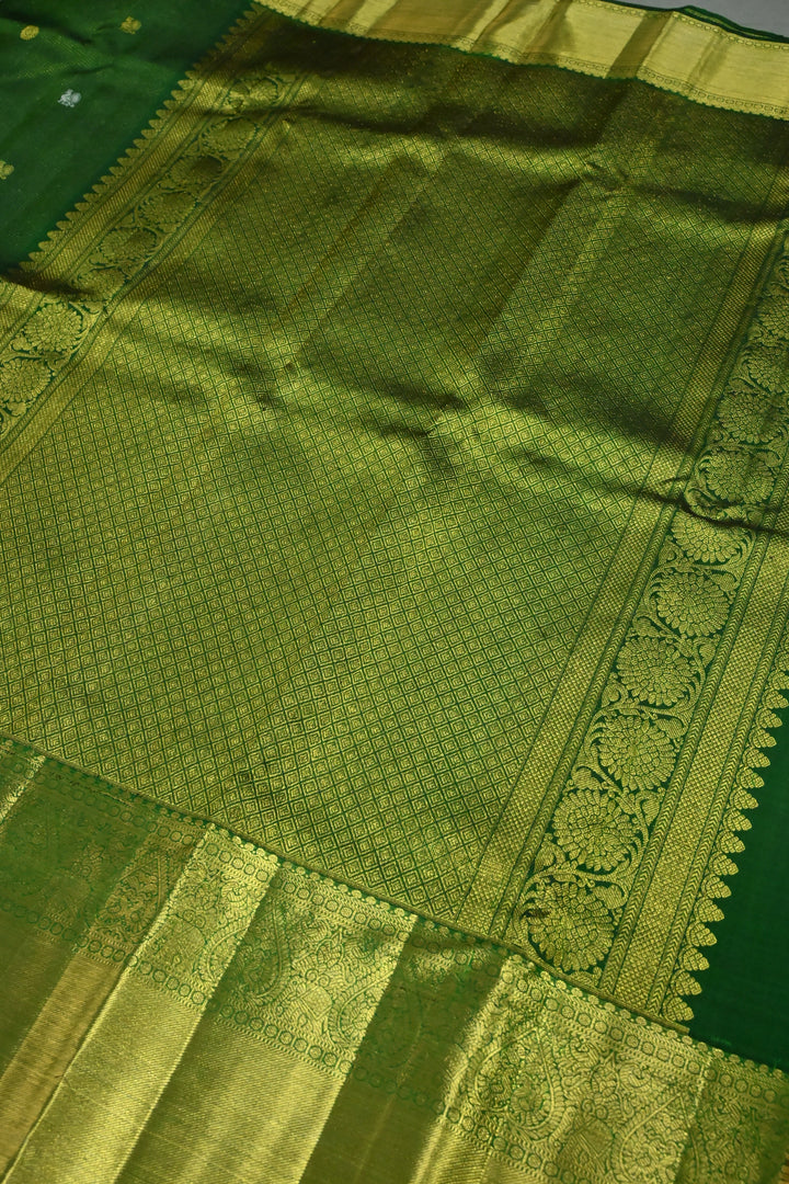 Deep Green Vairaoosi Zari Stripes on Pure Kanjivaram Silk Saree with Gold-Silver Zari Buttas and wide Zari Border | SILK MARK CERTIFIED | SHOBITAM