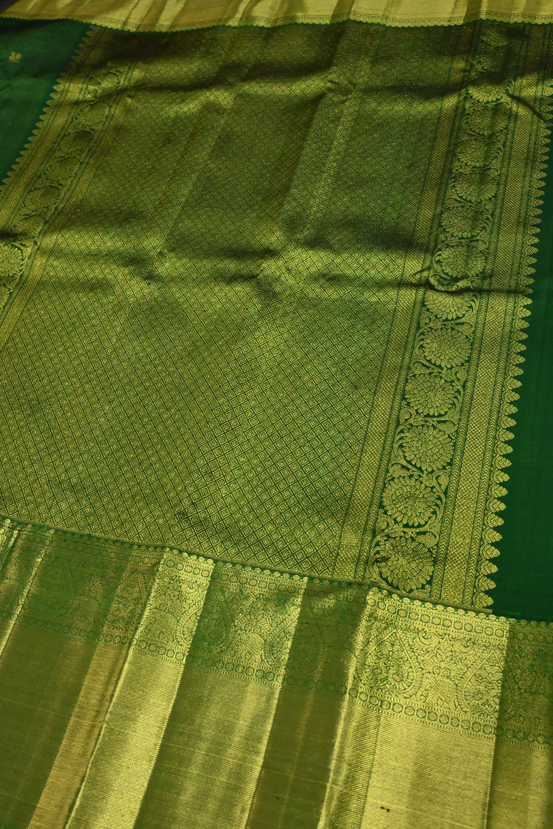 Deep Green Vairaoosi Zari Stripes on Pure Kanjivaram Silk Saree with Gold-Silver Zari Buttas and wide Zari Border | SILK MARK CERTIFIED | SHOBITAM