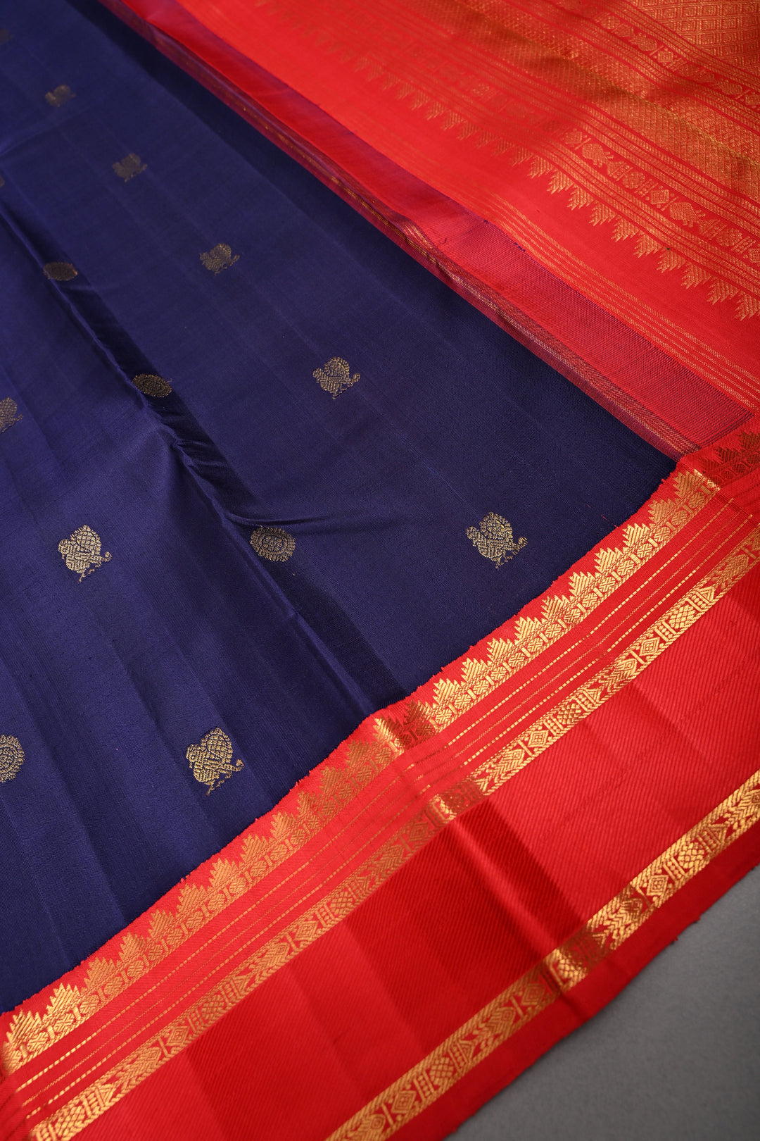 Ink Blue Korvai Kanjivaram Pure Silk Saree with Zari Buttas and Contrast Zari Border | SILK MARK CERTIFIED