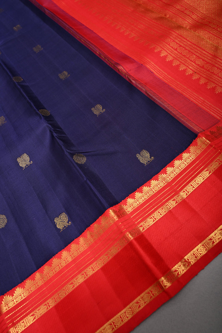 Ink Blue Korvai Kanjivaram Pure Silk Saree with Zari Buttas and Contrast Zari Border | SILK MARK CERTIFIED