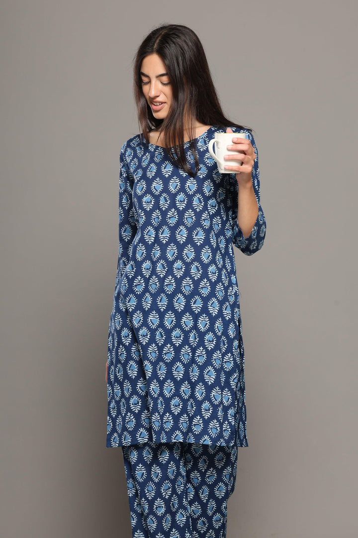 Saundarya Blue Cotton Printed Loungewear Co-ord Set | SHOBITAM
