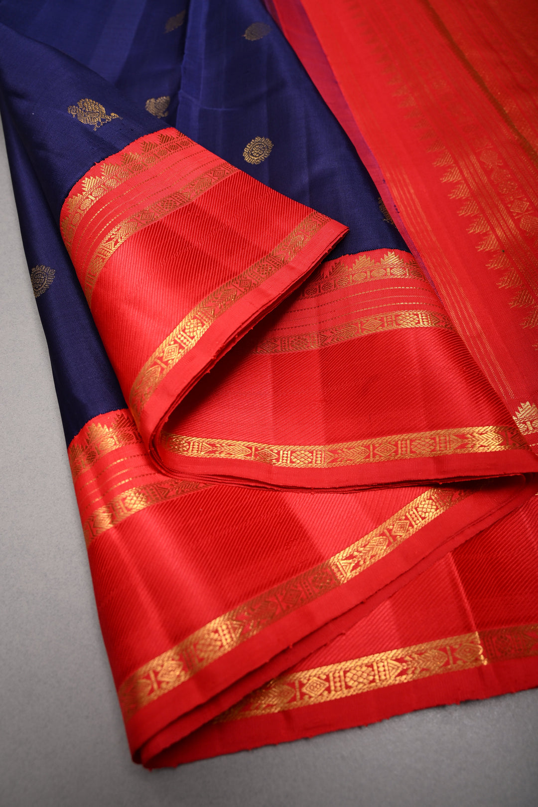 Ink Blue Korvai Kanjivaram Pure Silk Saree with Zari Buttas and Contrast Zari Border | SILK MARK CERTIFIED